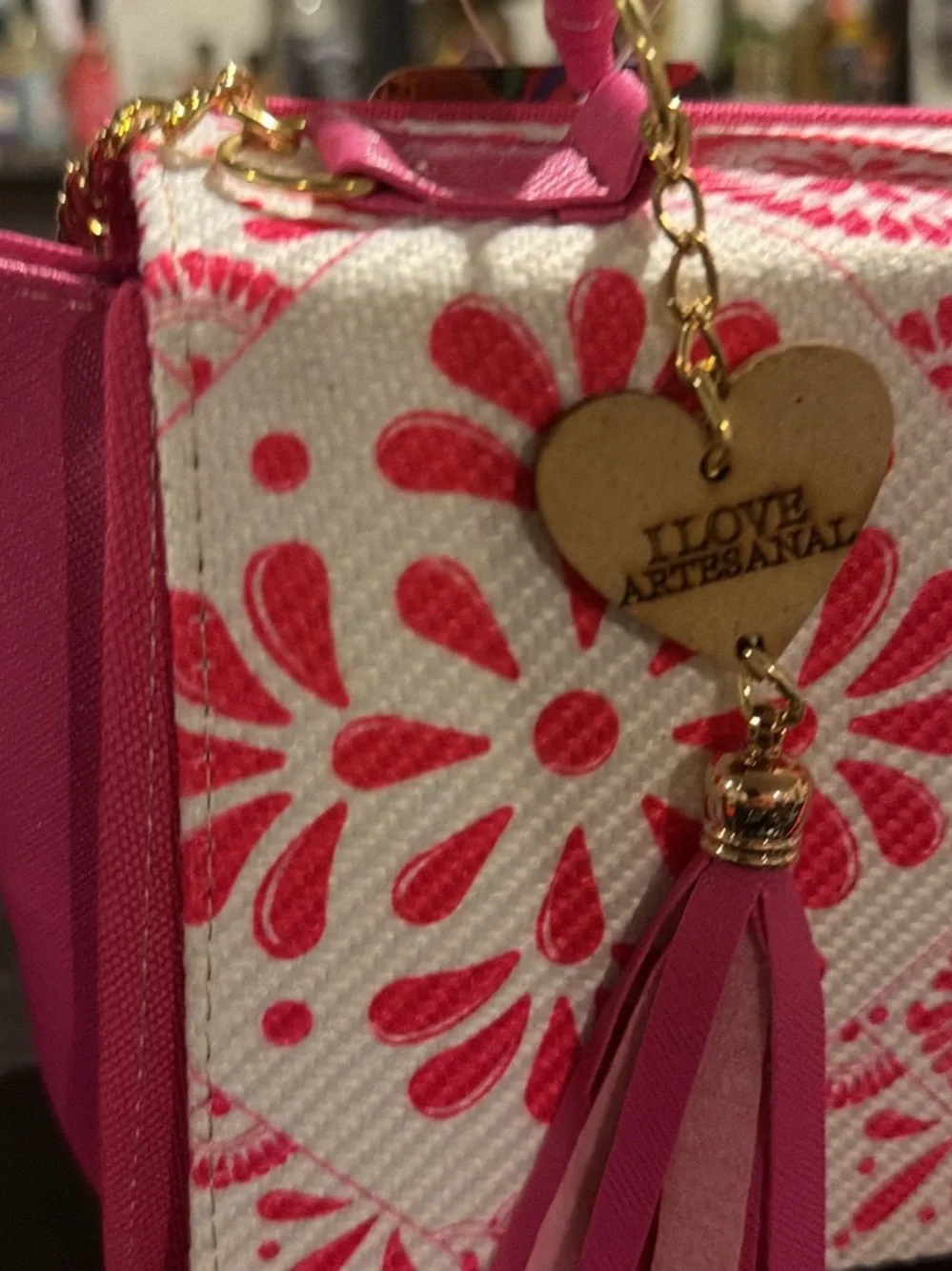 Pink Floral Quilted Tote Bag with Tassel Charm